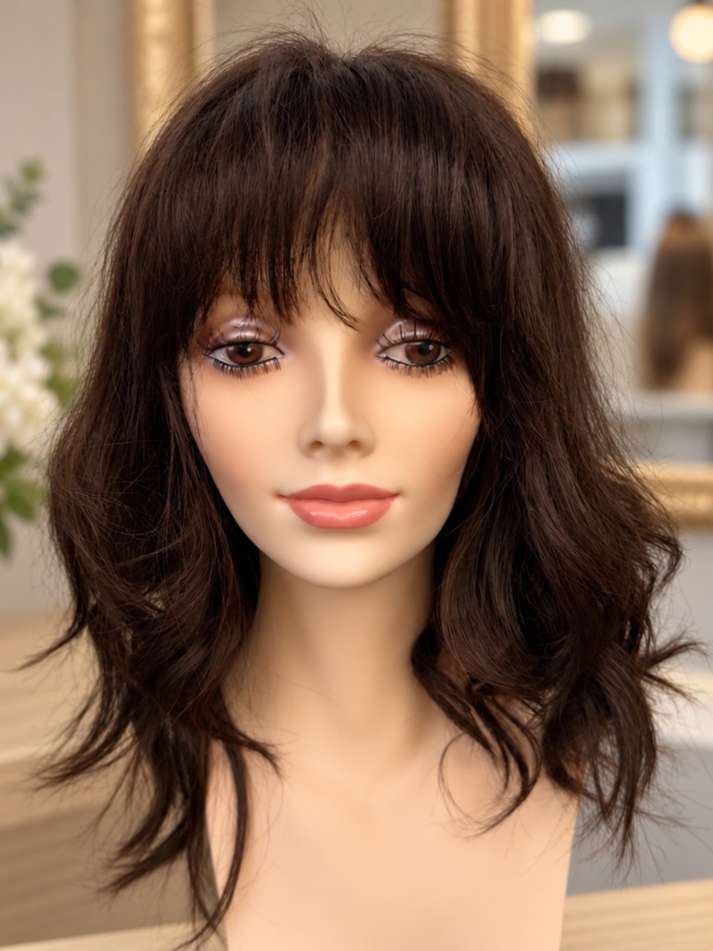 Brown Human Hair Wig with Bangs, Handtied Luxury Chemo Cap